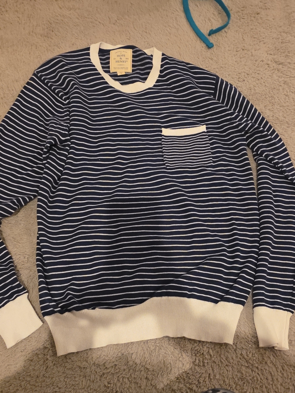 Navy Stripe Crewneck Sweater with Contrast Trim